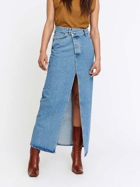 Won Hundred Denim Blue Jean Dana Clean 6 Front Slit Organic Cotton Maxi Skirt 36